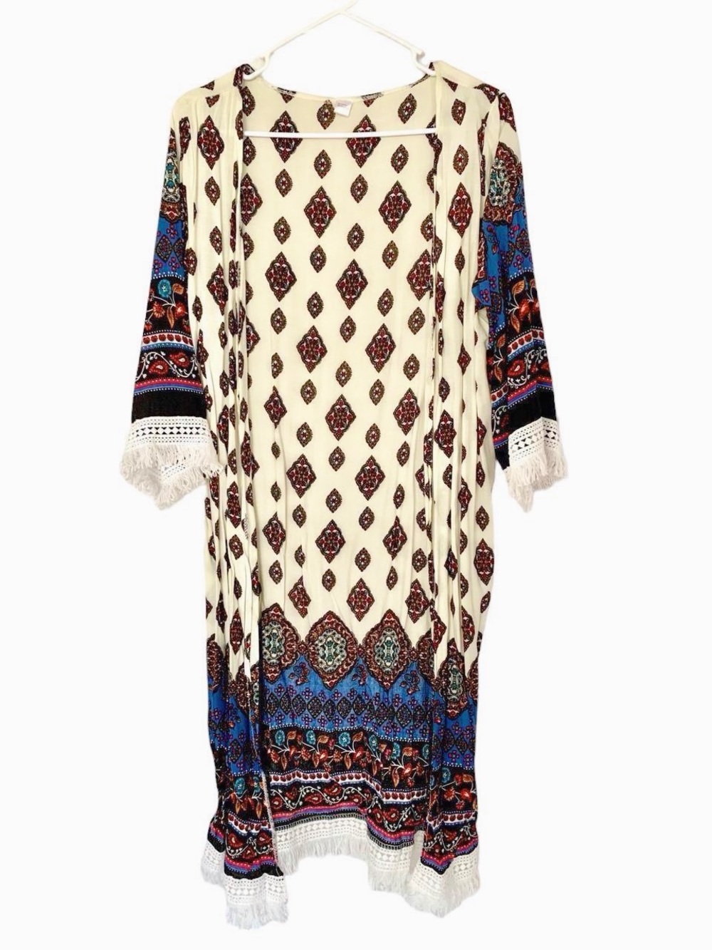 Boho Diamond-Print Fringe Trim Kimono Coverup - Cream & Blue